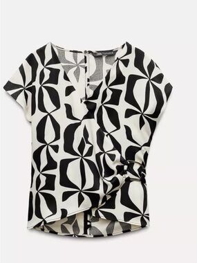 Zara Black & White Geometric Wrap Blouse with buckle